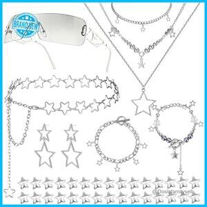 Y2K Sunglasses Set with Silver Jewelry Retro Grunge Accessories Unisex